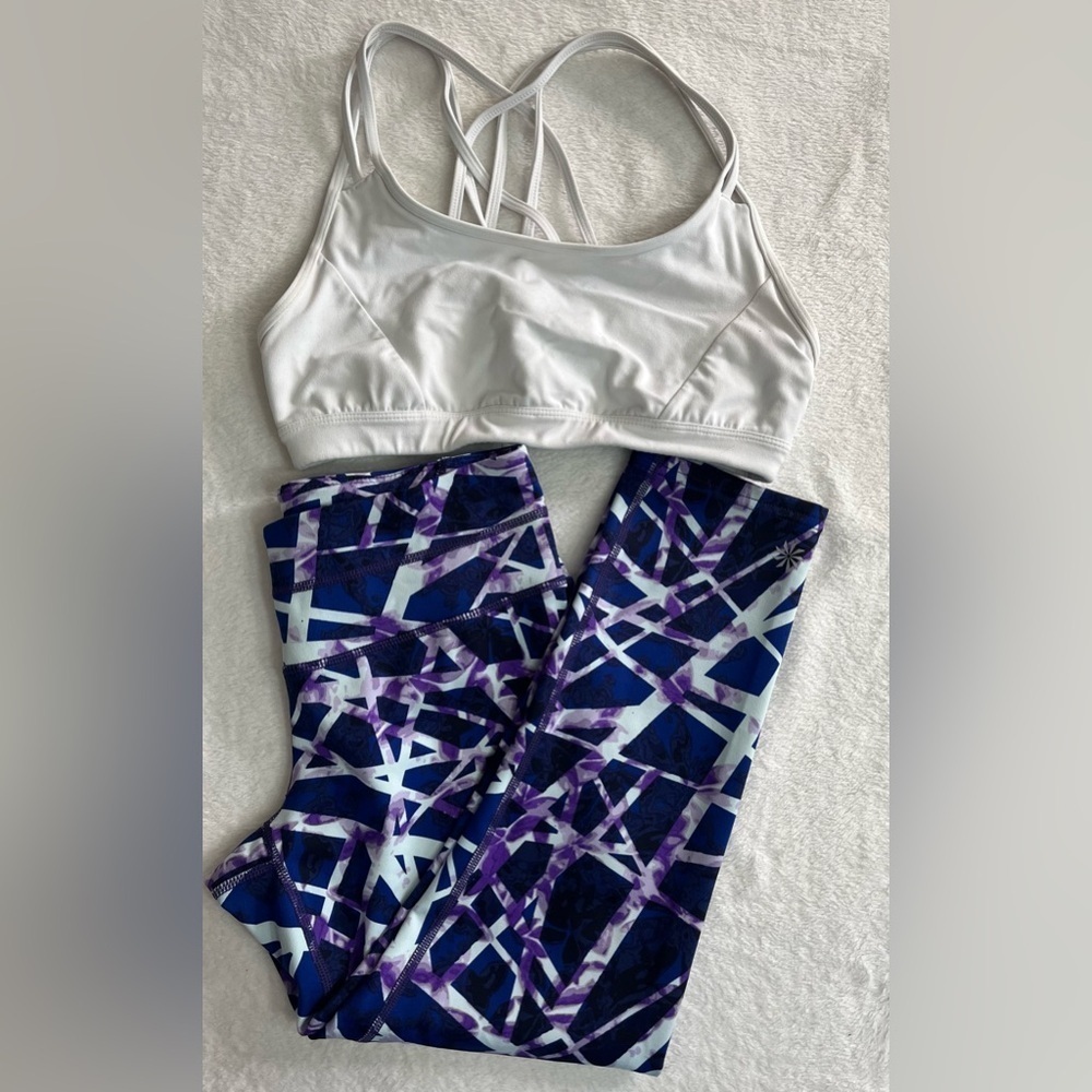 Athleta womens XS white sport bra & purple geometric activewear leggings bundle - Picture 3 of 16